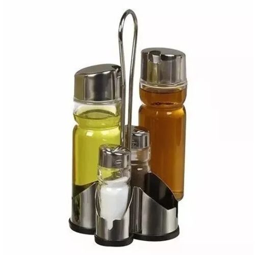 Kit Galheteiro de Vidro em Aço Inox com 5 Pçs Porta Condimentos e Tempero Azeite Sal Vinagre