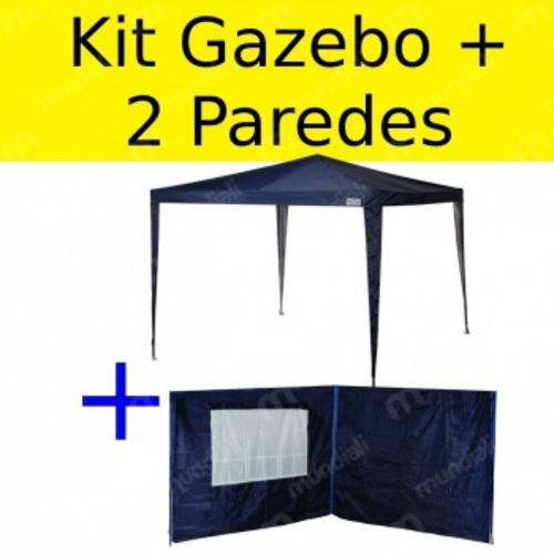 Kit Gazebo Tenda Base e Topo 3m X 3m Poliester Oxford Azul com 2 Paredes