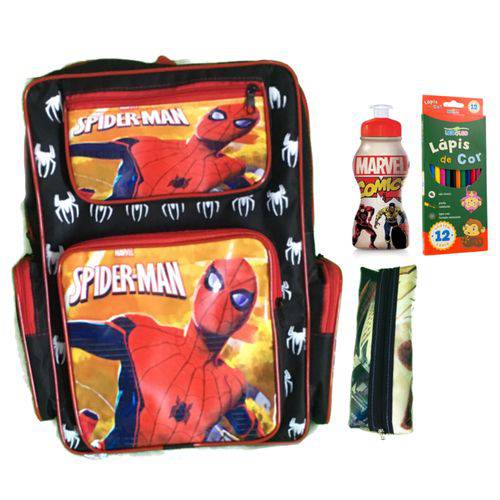 Tudo sobre 'Kit Homem Aranha Spider Man Mochila de Costas Grande + Estojo + Garrafinha + Lápis de Cor'