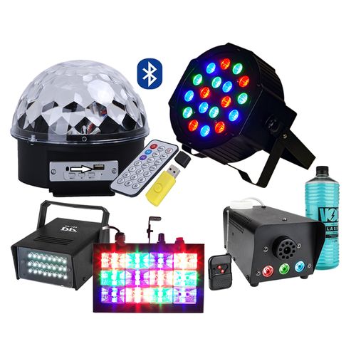 Tudo sobre 'Kit Iluminação Festa Dj Balada Máquina Fumaça Strobo Refletor Canhão 18 Leds Bola Maluca 110v'