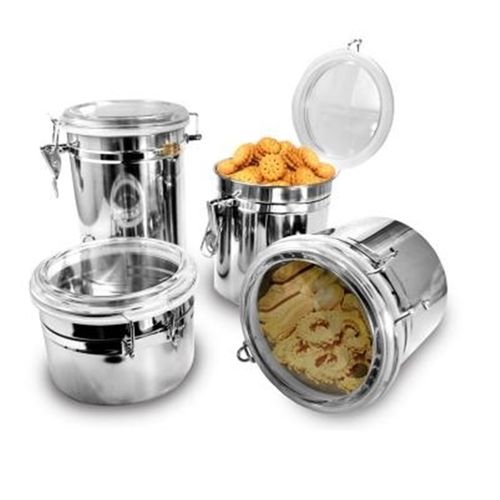 Tudo sobre 'Kit Jogo com 4 Potes para Mantimentos em Inox Hermetico Alimentos Luxo'