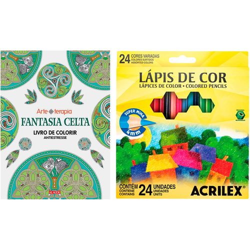 Kit - Livro Fantasia Celta: Livro de Colorir Antiestresse + Lápis de Cor Acrilex Hexagonal 24 Cores