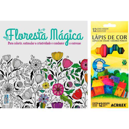 Kit - Livro Floresta Mágica + Lápis de Cor Acrilex Hexagonal 12 Cores