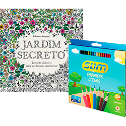 Kit - Livro Jardim Secreto: Livro de Colorir e Caça ao Tesouro Antiestresse + Lápis de Cor Slim Redondo 24 Cores