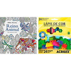 Kit - Livro Reino Animal: uma Aventura de Colorir + Lápis de Cor Acrilex Hexagonal 24 Cores