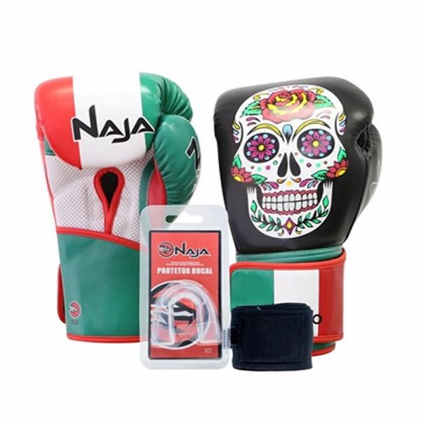Tudo sobre 'Kit Luva Boxe Muay Thai Competição Bandagem Bucal Países México Naja'