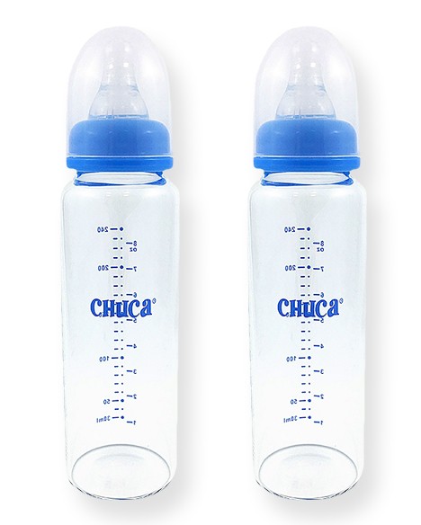 Kit 2 Mamadeiras Vidro 240ml Bico Silicone Chuca Baby - Azul