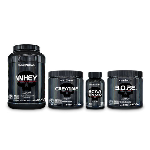 Tudo sobre 'KIT Massa Muscular - Whey Protein Chocolate 900g + Creatina 150g + BCAA 100 Caps + BOPE Pré-treino Frutas Amarelas 150g - Black Skull'