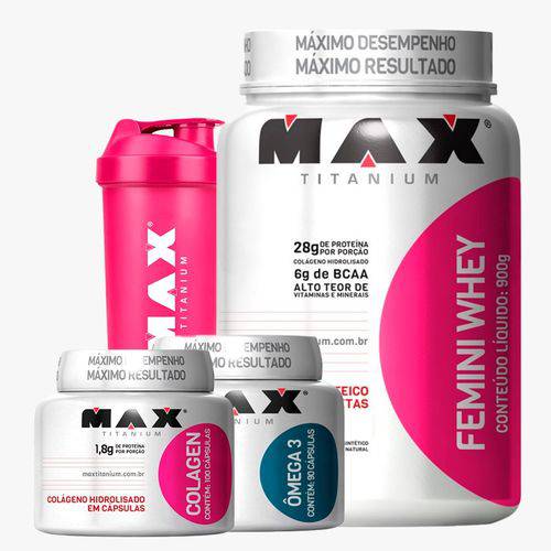 Tudo sobre 'Kit Max Titanium - Femini Whey + Collagen + Ômega 3 + Coq.'