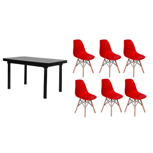 Kit Mesa de Jantar França 160x80 Preta + 06 Cadeiras Charles Eames - Vermelha - Magazine Decor