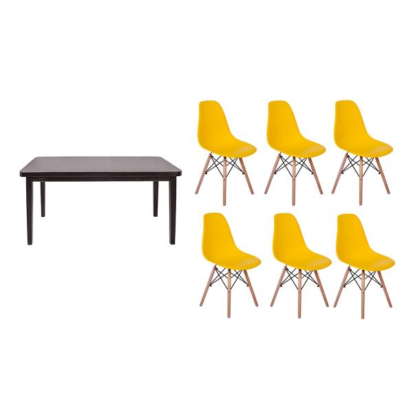Kit Mesa de Jantar Holanda 160x80 Preta + 06 Cadeiras Charles Eames - Amarela - Magazine Decor