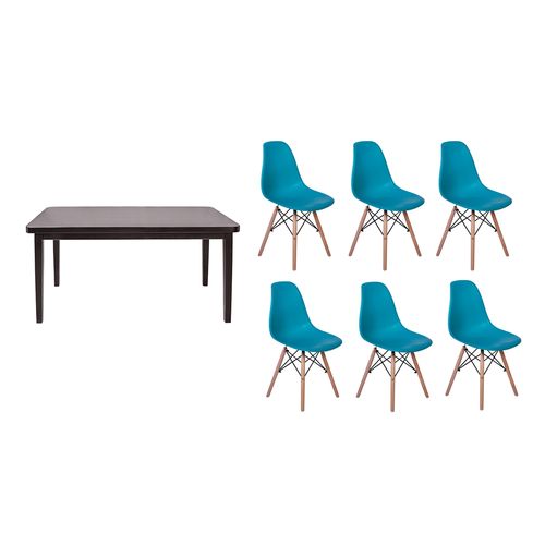 Kit Mesa de Jantar Holanda 160x80 Preta + 06 Cadeiras Charles Eames - Turquesa