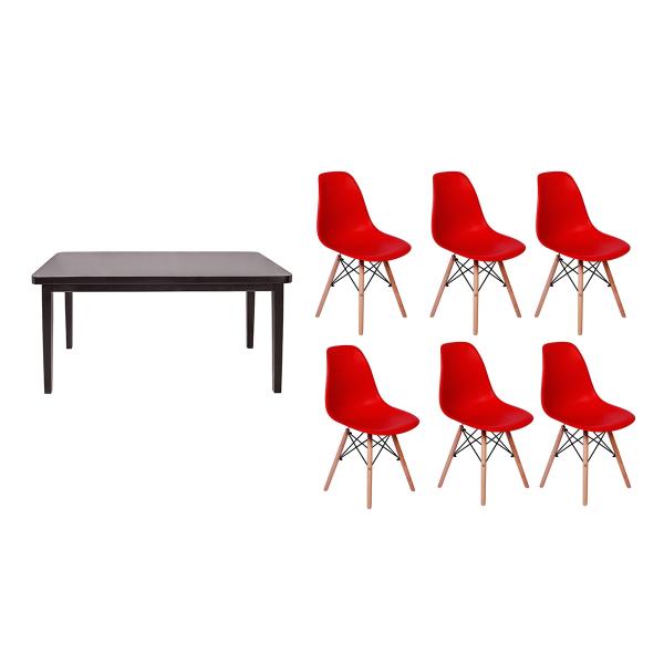 Kit Mesa de Jantar Holanda 160x80 Preta + 06 Cadeiras Charles Eames - Vermelha - Magazine Decor