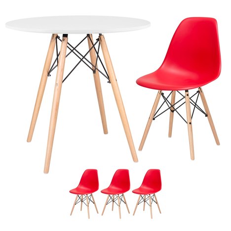 Kit - Mesa Eames 80 Cm Branco + 3 Cadeiras Eames Dsw - Vermelho
