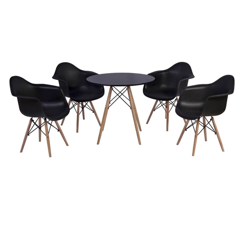 Kit Mesa Eiffel Preta 90cm + 4 Cadeiras Charles Eames Wood - Daw - com Braços - Design Preta