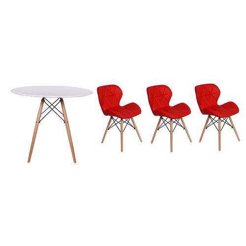 Kit Mesa Jantar Eiffel 100cm Branca + 03 Cadeiras Slim - Vermelha