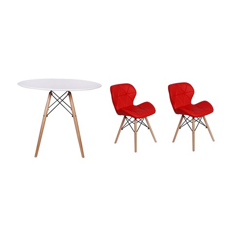 Kit Mesa Jantar Eiffel 80Cm Branca + 02 Cadeiras Slim - Vermelha