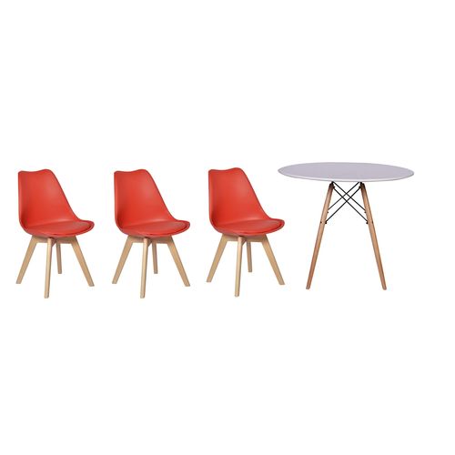 Kit Mesa Jantar Eiffel 80cm Branca + 03 Cadeiras Leda - Vermelha