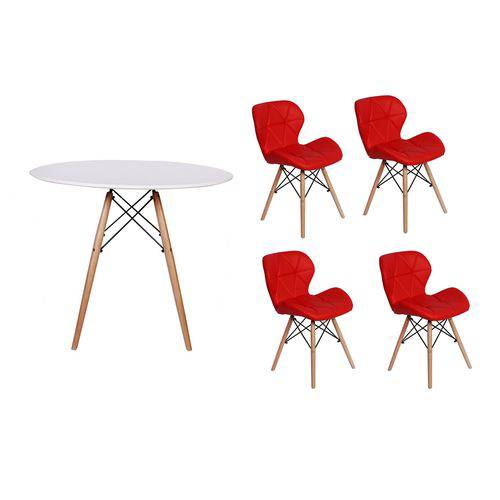 Kit Mesa Jantar Eiffel 90cm Branca + 04 Cadeiras Slim - Vermelha