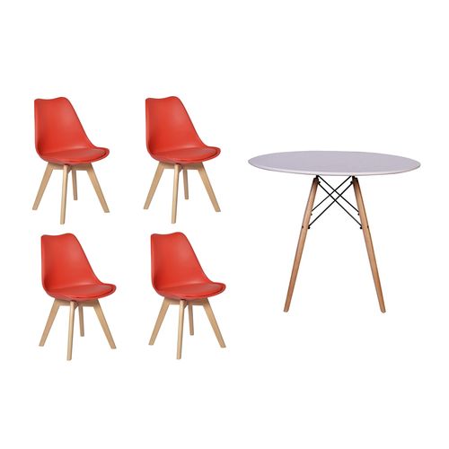 Kit Mesa Jantar Eiffel 80cm Branca + 04 Cadeiras Leda - Vermelha