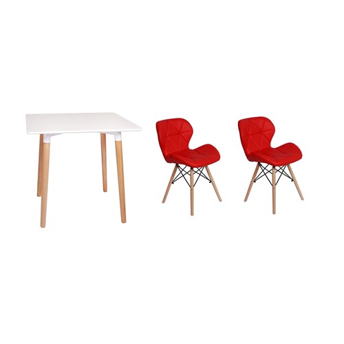 Kit Mesa Jantar Eiffel 80X80 Branca + 02 Cadeiras Slim - Vermelha