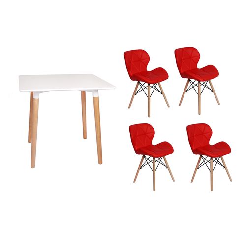 Kit Mesa Jantar Eiffel 80x80 Branca + 04 Cadeiras Slim - Vermelha