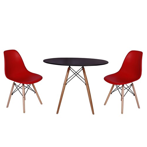 Kit Mesa Jantar Eiffel 90cm Preta + 2 Cadeiras Charles Eames - Vermelha