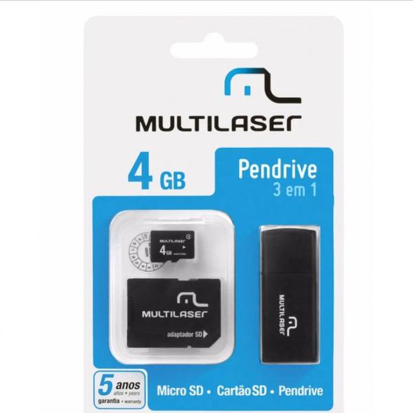 Kit Micro SD, Adaptador SD e Leitor Pen Drive 4GB Multilaser