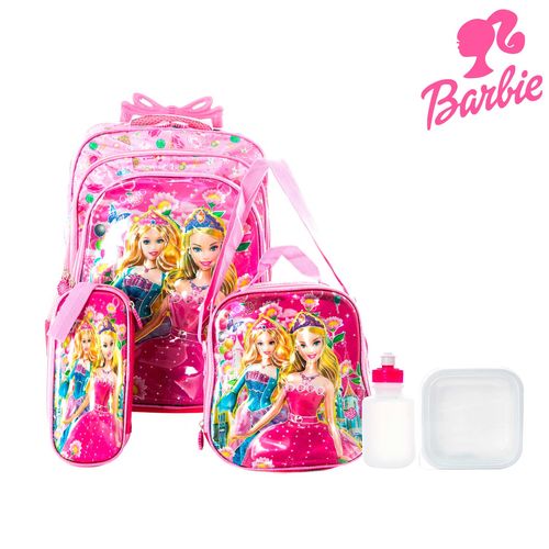 Kit Mochila Escolar Infantil Barbie com Rodinhas