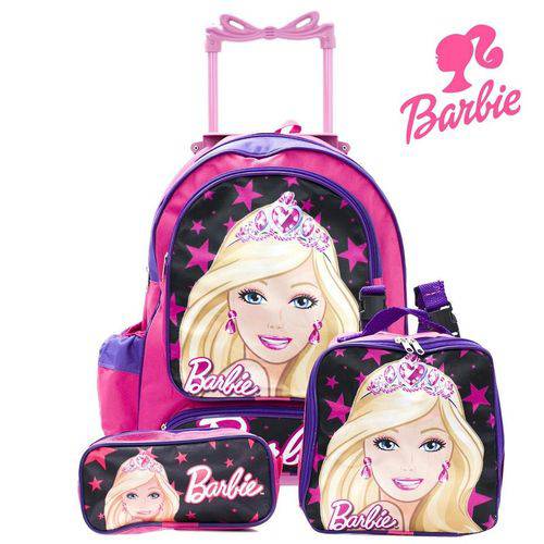 Kit Mochila Infantil Escolar com Rodinhas Barbie - Rosa