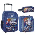 Kit Mochila Rodinha Infantil Escolar Robo Robotic Azul 3 Compartimentos + Bolsos Laterais