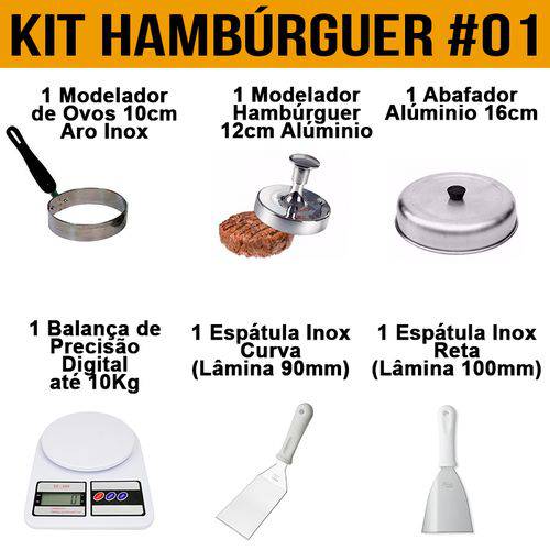 Tudo sobre 'Kit Modelador de Hamburguer Ovos Abafador Espatulas Balança'