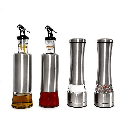 Tudo sobre 'Kit 2 Moedores de Sal ou Pimenta Inox + 2 Azeiteiros Inox 300ml (4 Peças)'