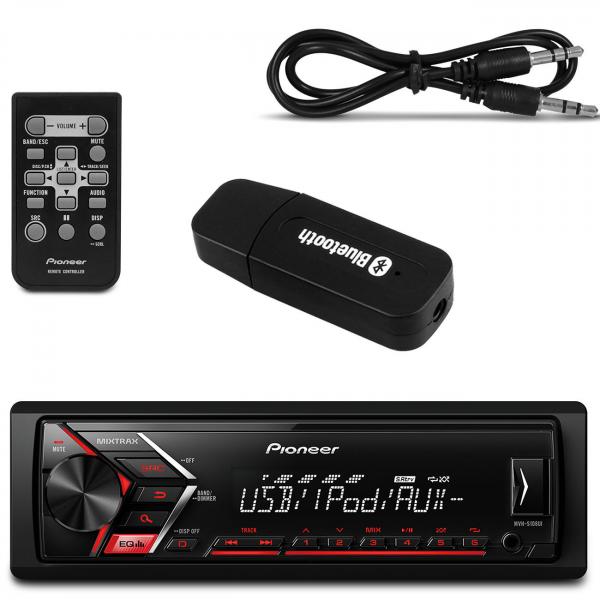 Kit MP3 Player Automotivo Pioneer MVH-S108UI USB RCA Mixtrax + Adaptador Bluetooth Música Recptor - Prime