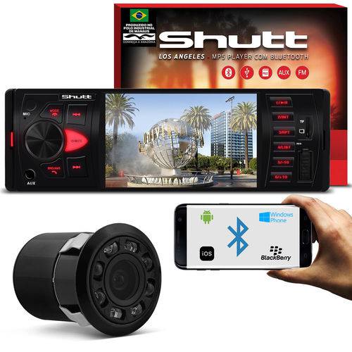 Kit Mp5 Player Shutt Los Angeles 1 Din 4 Pol Bluetooth Usb Mp3 Mp4 Fm + Câmera de Ré Preto 8 Leds