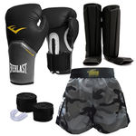 Kit Muay Thai Luva Everlast Preta 16OZ Caneleira Bandagem Bucal Shorts Camuflado Cinza