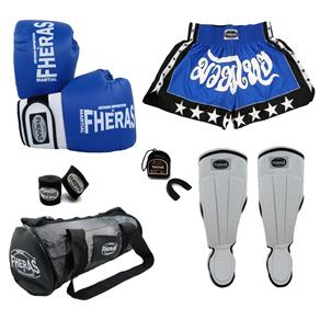 Kit Muay Thai Orion -Luva Bandagem Bucal Caneleira Bolsa Shorts - Azul - 08 Oz