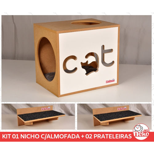 Kit Nicho Gatos + Almofada + 02 Prat Arranhador -Mdf Cru - Frente Branca - Cat - Cj 4 Pc