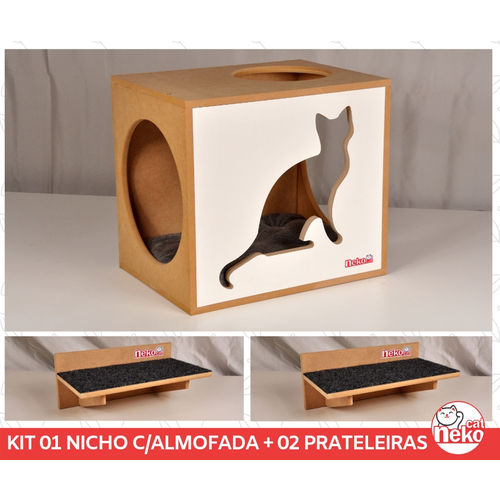 Kit Nicho Gatos + Almofada + 02 Prat Arranhador -Mdf Cru - Frente Branca - Sit Cat - Cj 4 Pc