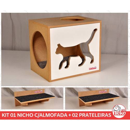 Kit Nicho Gatos + Almofada + 02 Prat Arranhador -Mdf Cru - Frente Branca - Walk Cat - Cj 4 Pc
