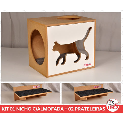 Kit Nicho Gatos + Almofada + 02 Prat Arranhador -Mdf Cru - Frente Branca - Walk Cat - Cj 4 Pc