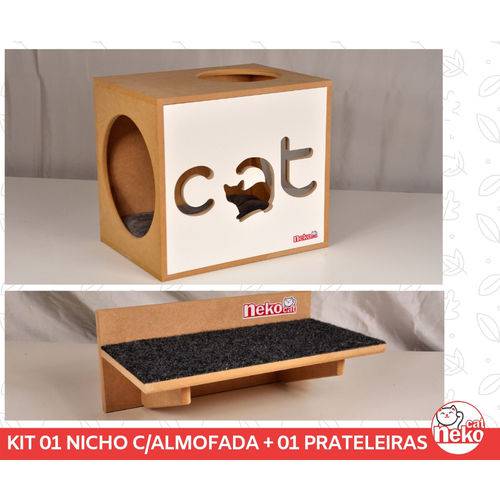 Kit Nicho Gatos + Almofada + 01 Prat Arranhador -Mdf Cru - Frente Branca - Cat - Cj 3 Pc