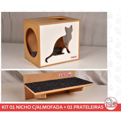 Kit Nicho Gatos + Almofada + 01 Prat Arranhador -Mdf Cru - Frente Branca - Sit Cat - Cj 3 Pc