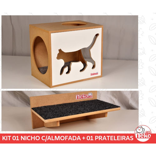 Kit Nicho Gatos + Almofada + 01 Prat Arranhador -Mdf Cru - Frente Branca - Walk Cat - Cj 3 Pc