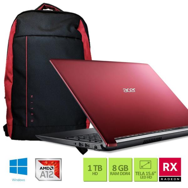 Kit: Notebook Acer A515-41G-1480 AMD A12 8GB RAM 1TB HD Radeon RX 540 com 2GB 15.6" Win10 + Mochila Nitro