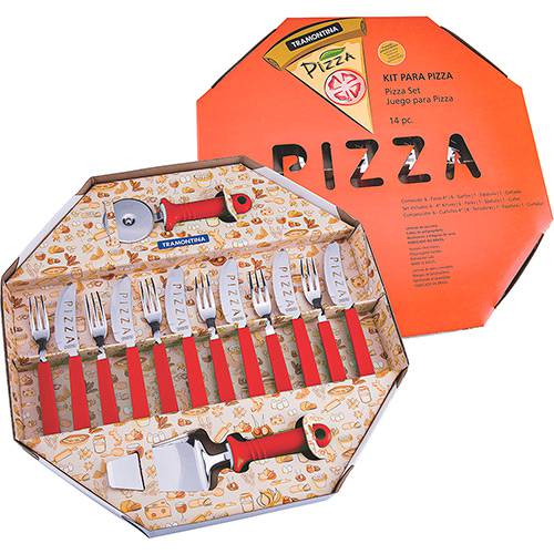 Kit para Pizza 14 Pcs Pizza - Laminas de Aco Inox e Cabos de Polipropileno Vermelho