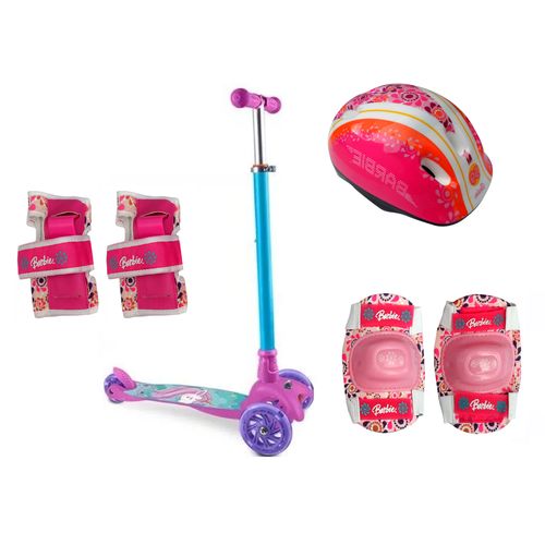 Kit Patinete Infantil 3 Rodas Unicórnio Rodas com Luz de Led e Kit de Proteção Completo Barbie