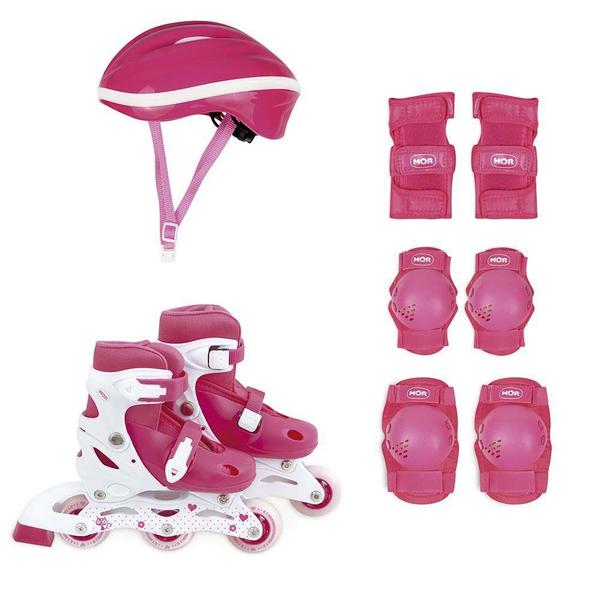 Kit Patins Roller Infantil (Patins, Proteção e Capacete) 34-37 Mor - Rosa