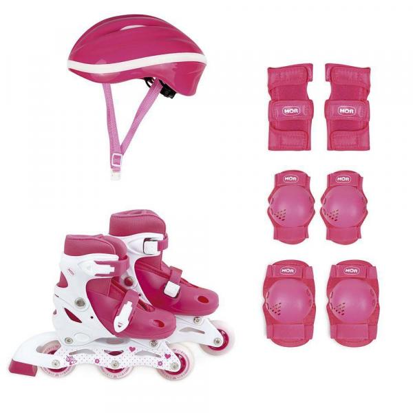 Kit Patins Roller Infantil Rosa (Patins, Proteção e Capacete) 34-37 - Mor