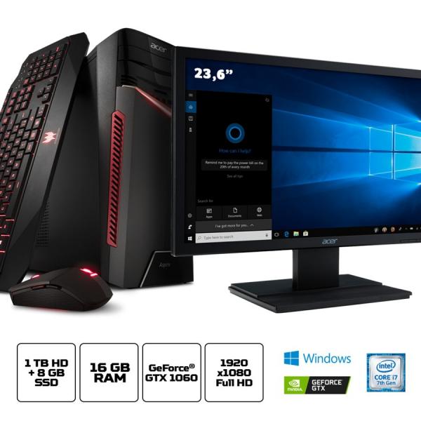 Kit: PC Gamer Acer GX-783-BR13 Corei7 16GB 1TB GeForce 1060 6GB Win10 + Monitor Acer V246HQL 23.6"